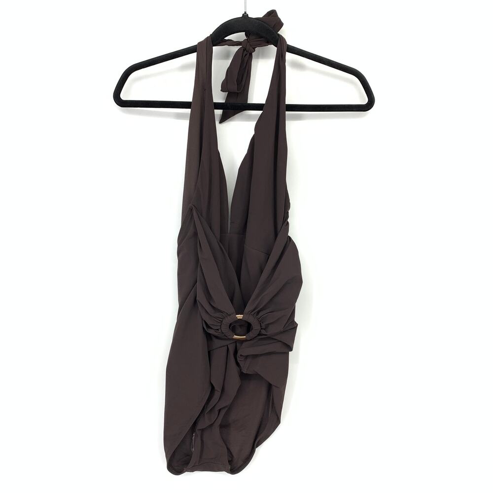 JETS Australia One Piece Swimsuit Halter Neck Belted Front Ruched US Sz 10 Brown